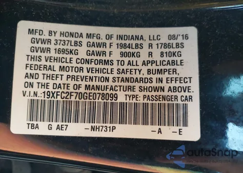 2016 Honda Civic Ex z USA, uszkodzony, nr VIN 19XFC2F70GE078099